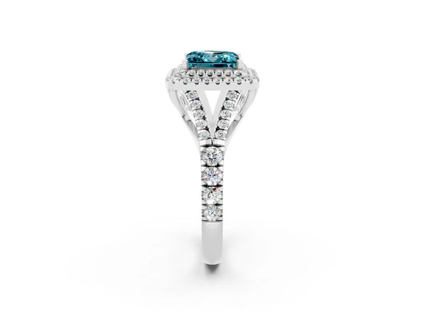 Platinum Double Halo Princess Cut Blue Topaz Split Shank Engagement Ring with Four-Prong Setting