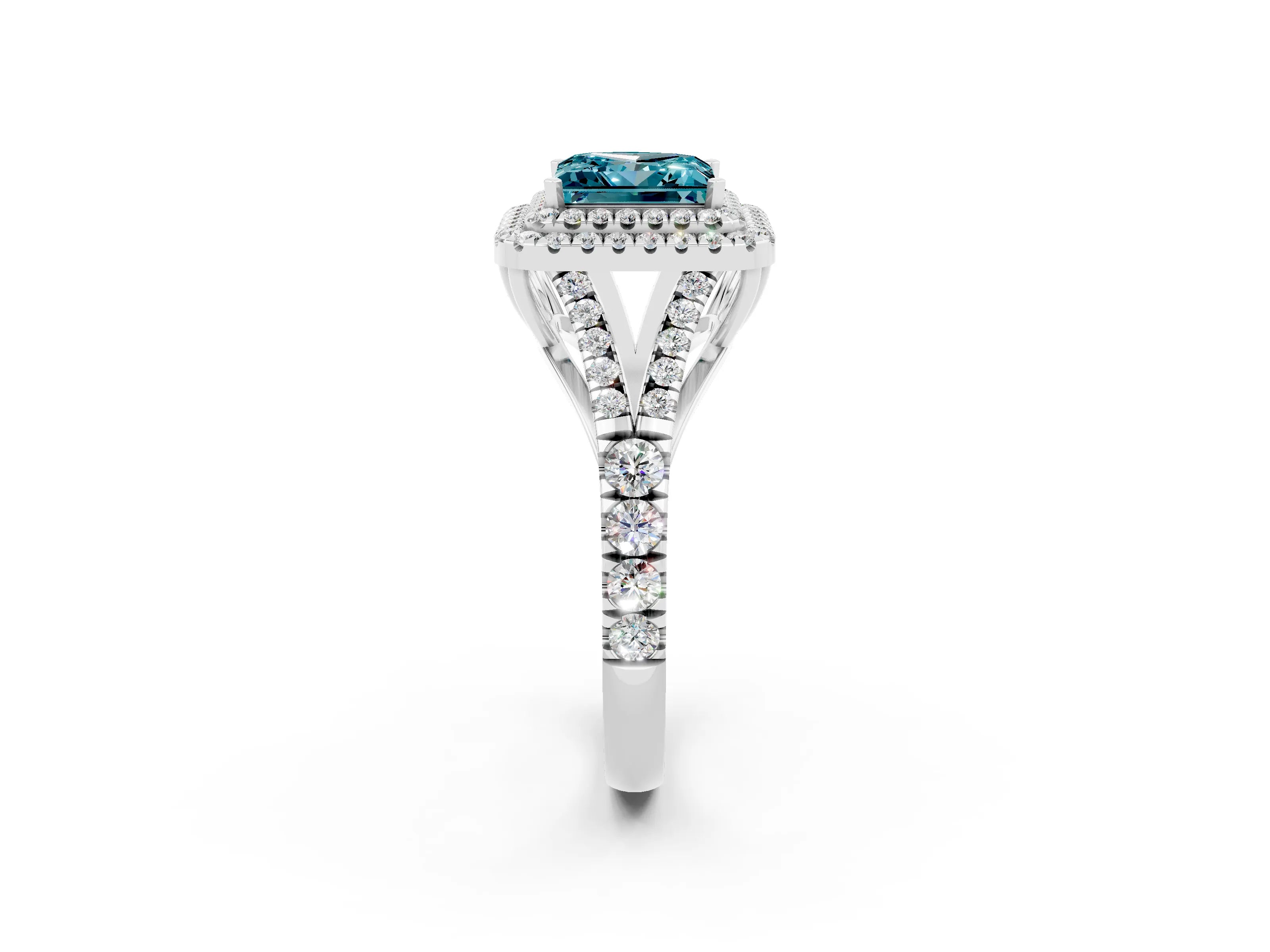 White gold Double Halo Princess Cut Blue Topaz Split Shank Engagement Ring with Four-Prong Setting_2