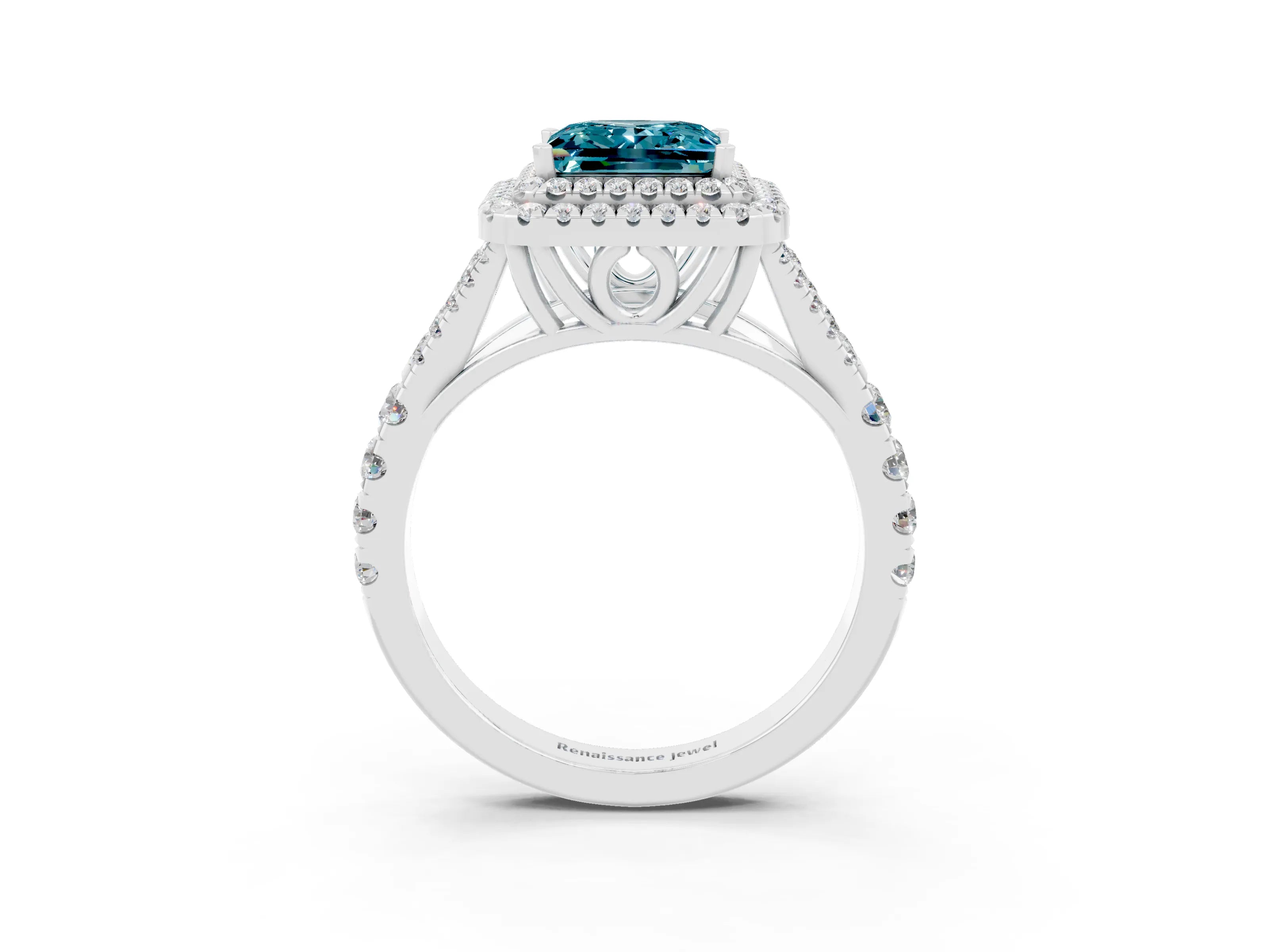 White gold Double Halo Princess Cut Blue Topaz Split Shank Engagement Ring with Four-Prong Setting_3