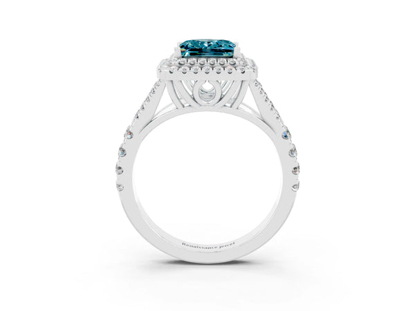 White gold Double Halo Princess Cut Blue Topaz Split Shank Engagement Ring with Four-Prong Setting