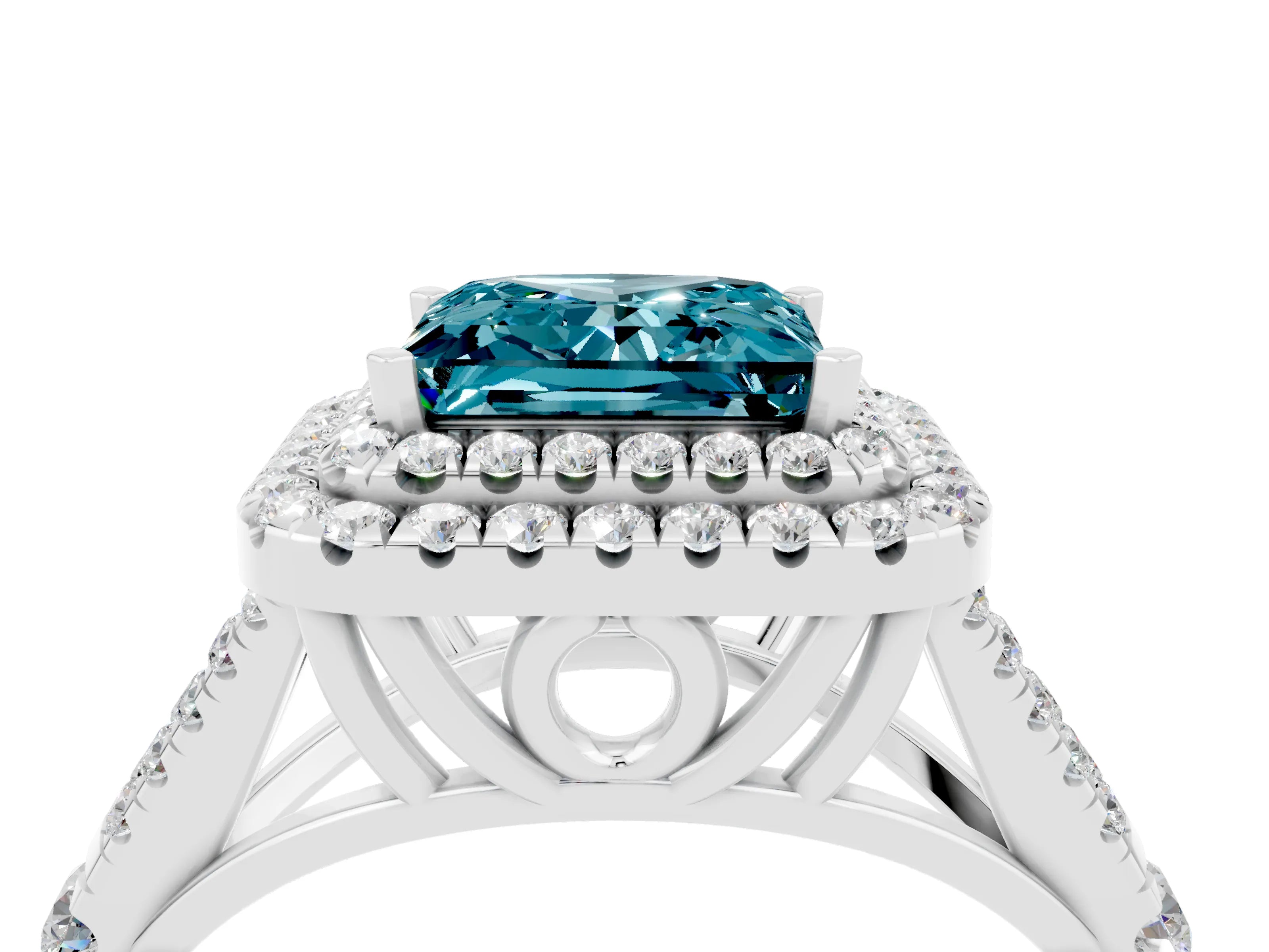 White gold Double Halo Princess Cut Blue Topaz Split Shank Engagement Ring with Four-Prong Setting_4