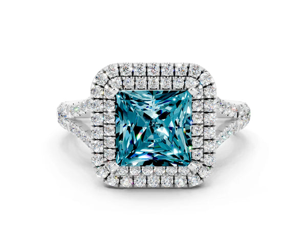 Silver Double Halo Princess Cut Blue Topaz Split Shank Engagement Ring with Four-Prong Setting