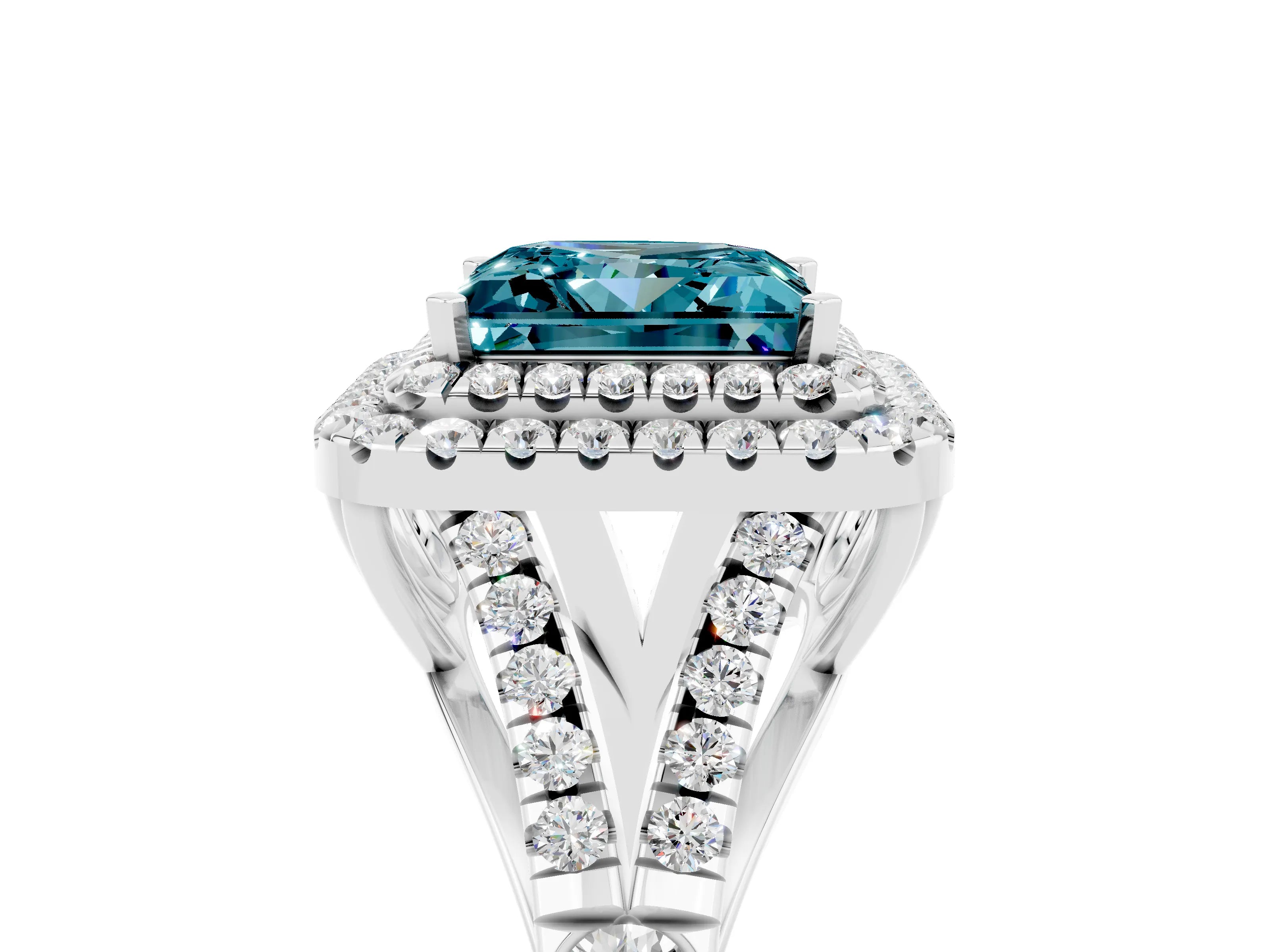 White gold Double Halo Princess Cut Blue Topaz Split Shank Engagement Ring with Four-Prong Setting_5