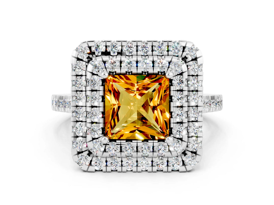 White gold Double Halo Princess Cut Citrine Pavé Band with Four-Prong Setting