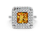 White gold Double Halo Princess Cut Citrine Pavé Band with Four-Prong Setting
