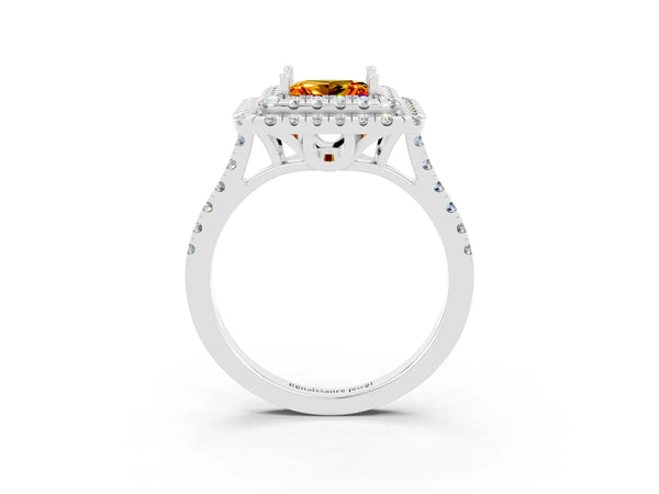 Silver Double Halo Princess Cut Citrine Pavé Band with Four-Prong Setting