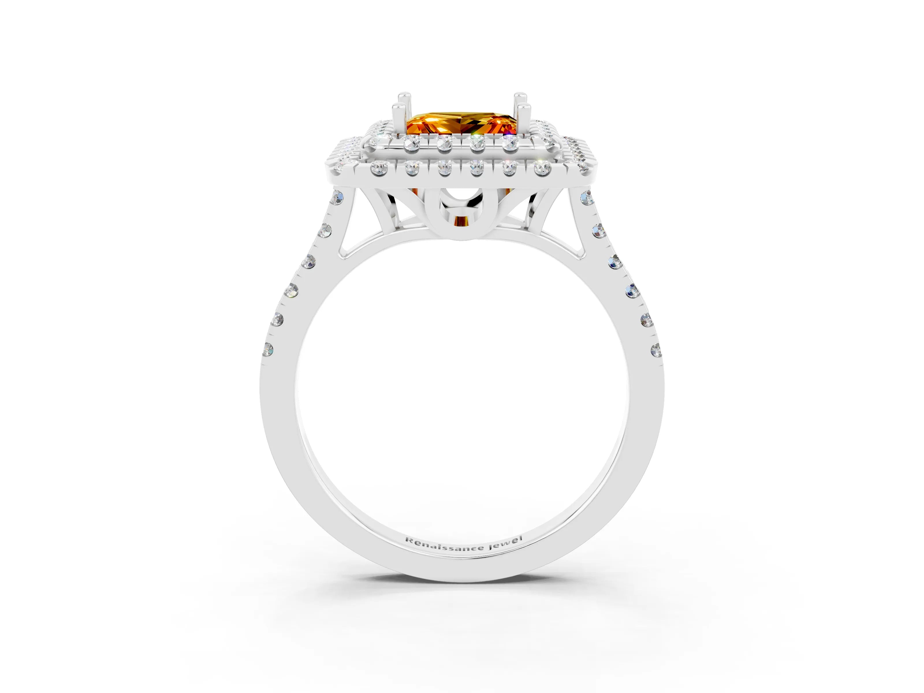 White gold Double Halo Princess Cut Citrine Pavé Band with Four-Prong Setting_3