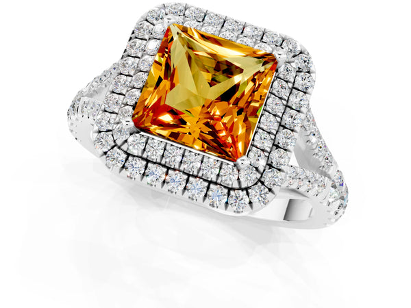 Platinum Double Halo Princess Cut Citrine Pavé Split Shank Ring with Prong Setting