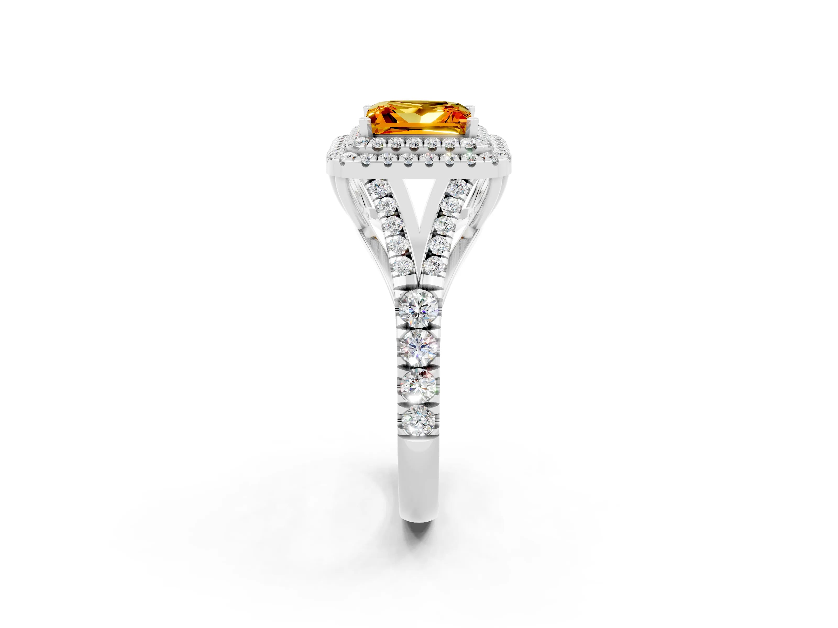 White gold Double Halo Princess Cut Citrine Pavé Split Shank Ring with Prong Setting_2