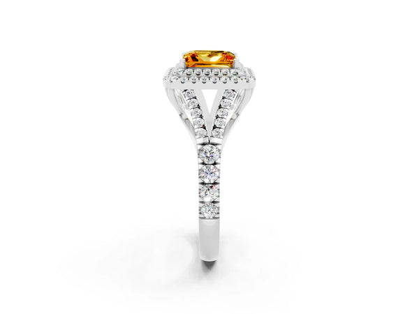Silver Double Halo Princess Cut Citrine Pavé Split Shank Ring with Prong Setting