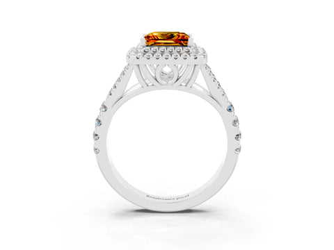 White gold Double Halo Princess Cut Citrine Pavé Split Shank Ring with Prong Setting_3