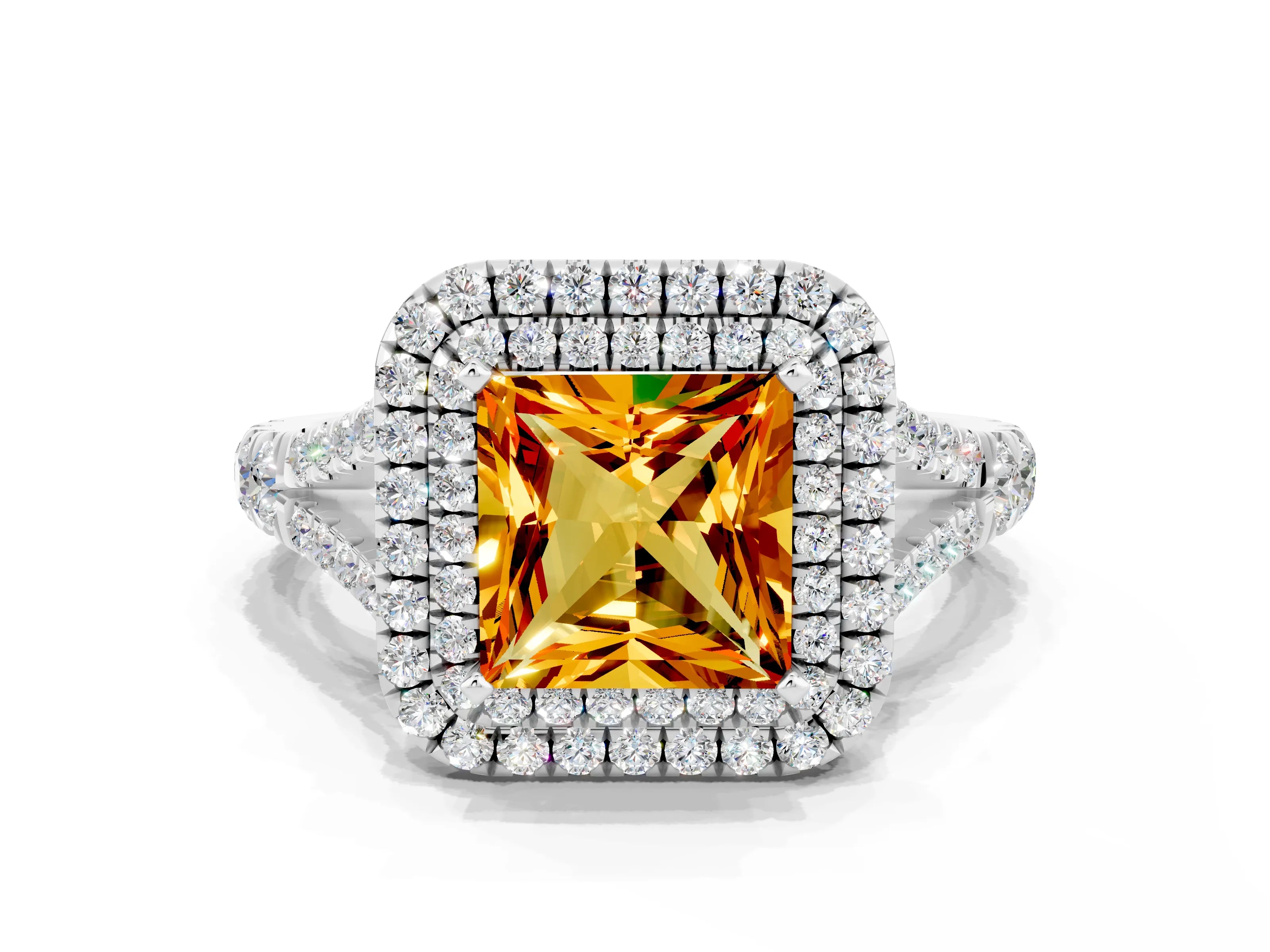 White gold Double Halo Princess Cut Citrine Pavé Split Shank Ring with Prong Setting