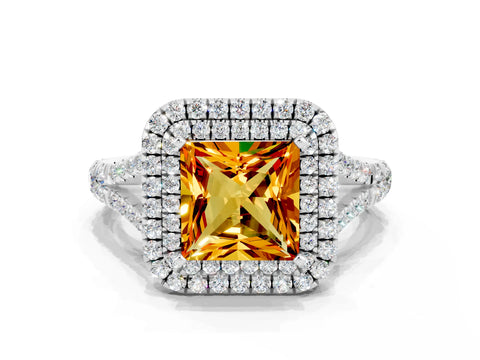 White gold Double Halo Princess Cut Citrine Pavé Split Shank Ring with Prong Setting