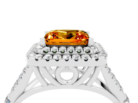 White gold Double Halo Princess Cut Citrine Pavé Split Shank Ring with Prong Setting_4