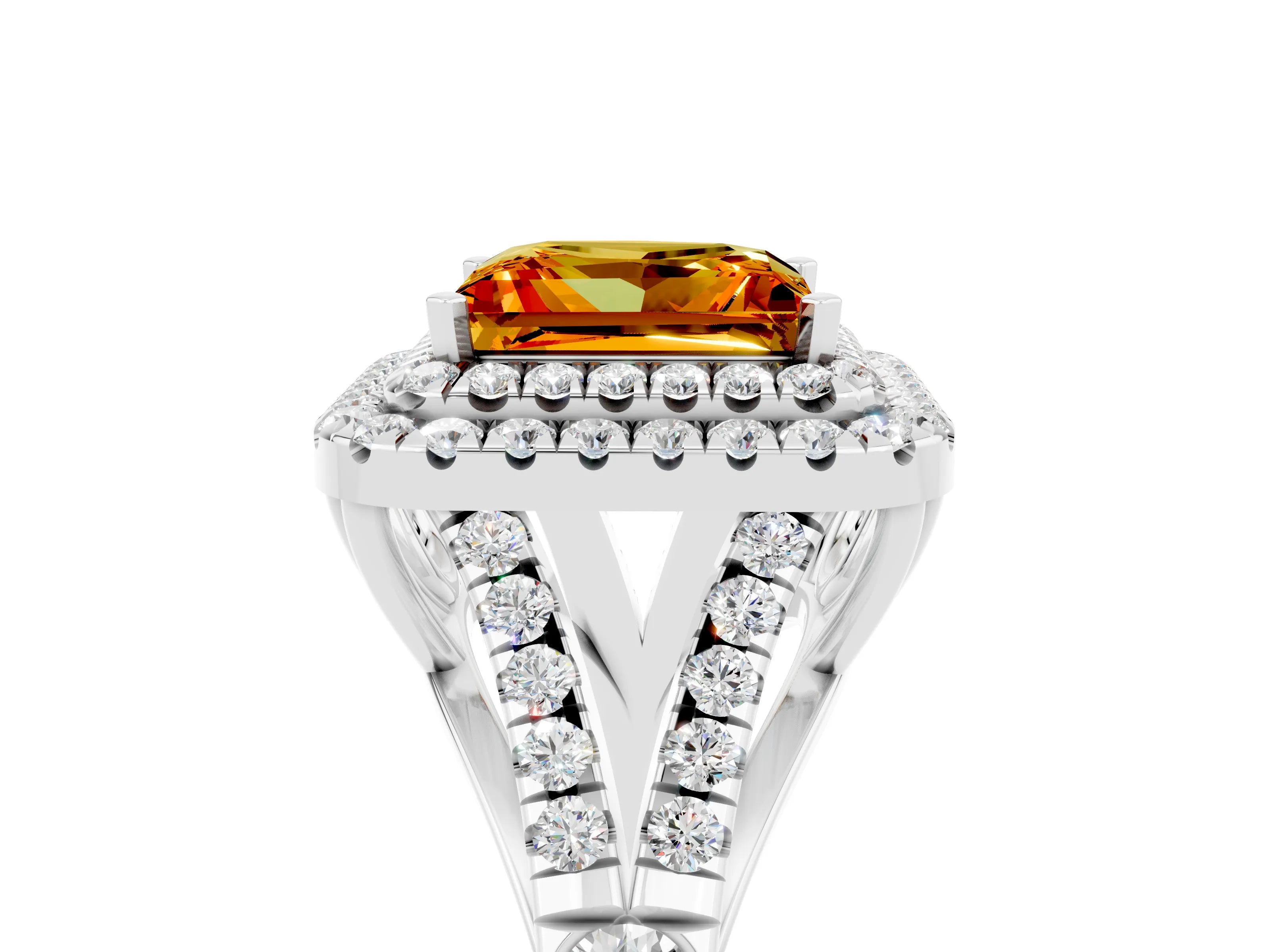 White gold Double Halo Princess Cut Citrine Pavé Split Shank Ring with Prong Setting_5