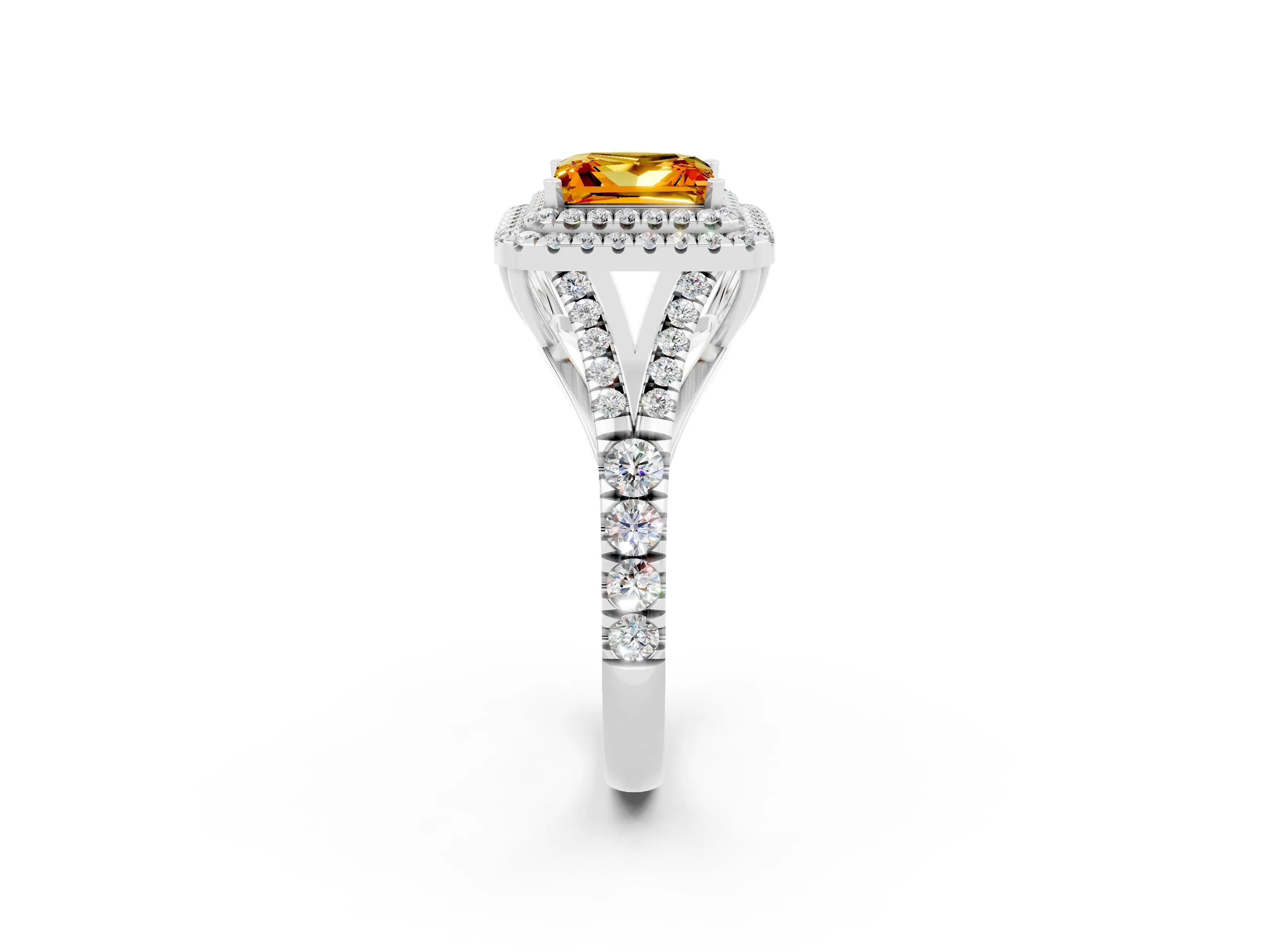 White gold Double Halo Princess Cut Citrine Split Shank Engagement Ring with Four-Prong Setting_2