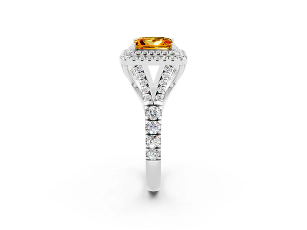 Platinum Double Halo Princess Cut Citrine Split Shank Engagement Ring with Four-Prong Setting