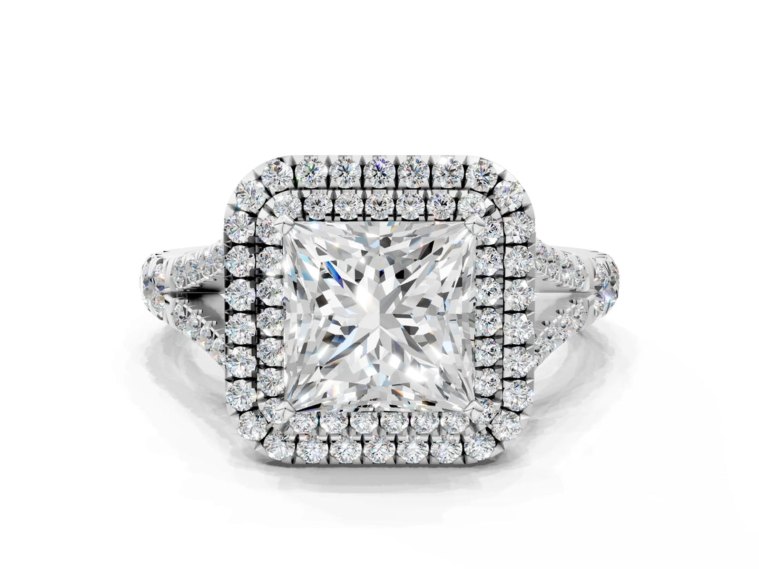 White gold Double Halo Princess Cut Diamond Split Shank Engagement Ring with Four-Prong Setting_3