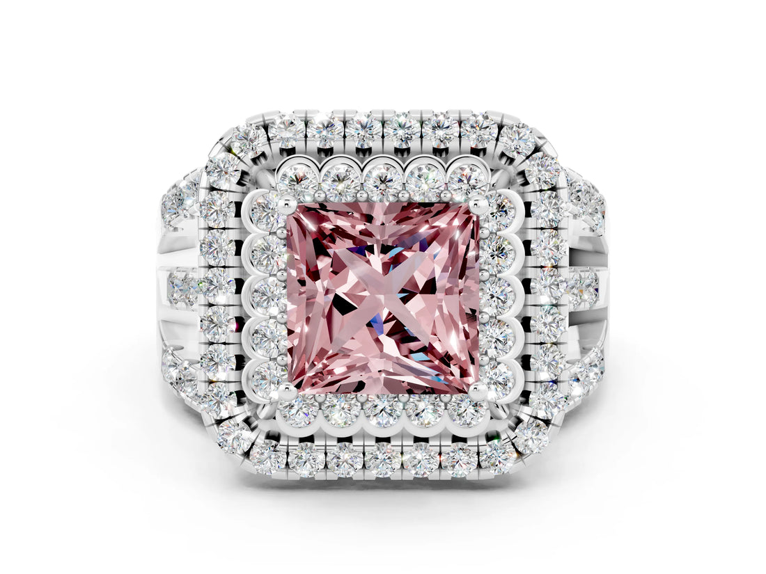 White gold Double Halo Princess Cut Diamond Split Shank Pave Set Ring