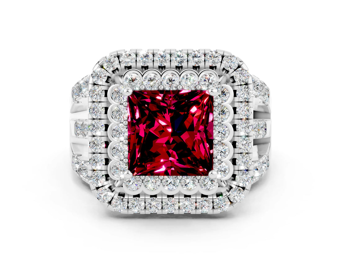 White gold Double Halo Princess Cut Diamond Split Shank Pave Set Ring