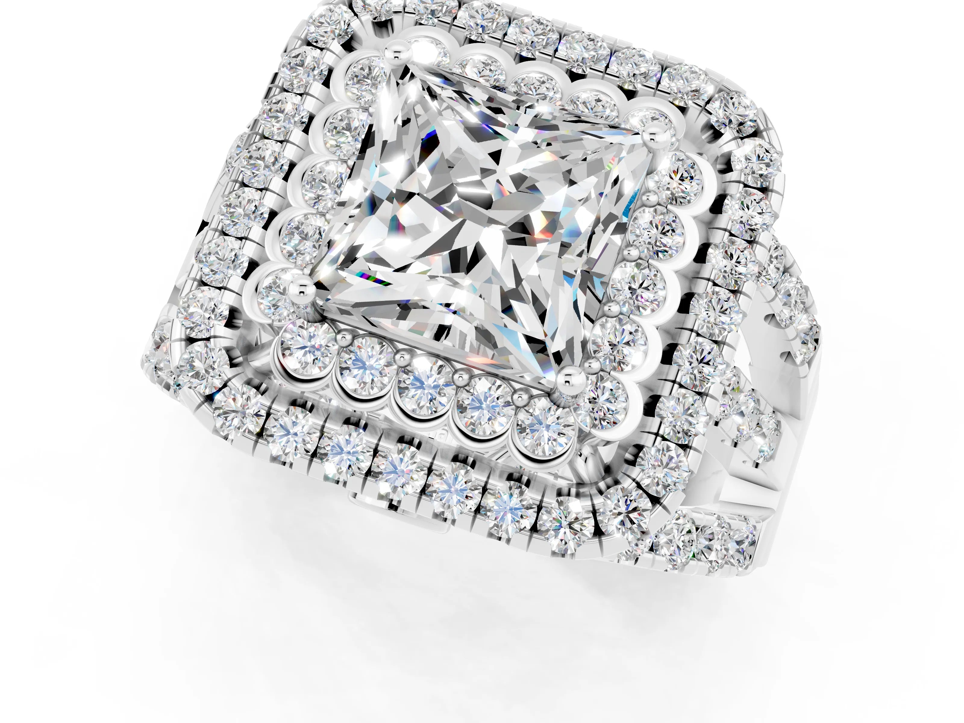 White gold Double Halo Princess Cut Diamond Split Shank Pave Set Ring_1
