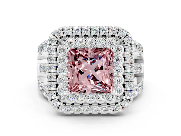 White gold Double Halo Princess Cut Diamond Split Shank Pave Set Ring