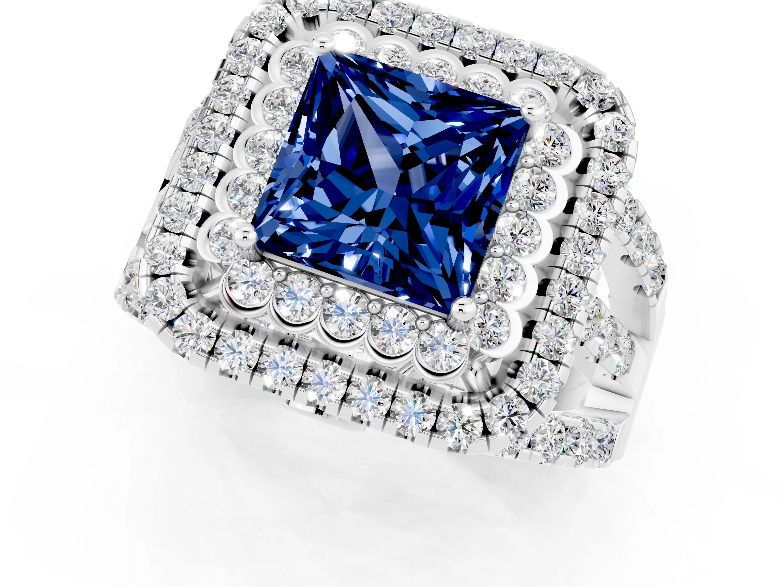 White gold Double Halo Princess Cut Diamond Split Shank Pave Set Ring_1