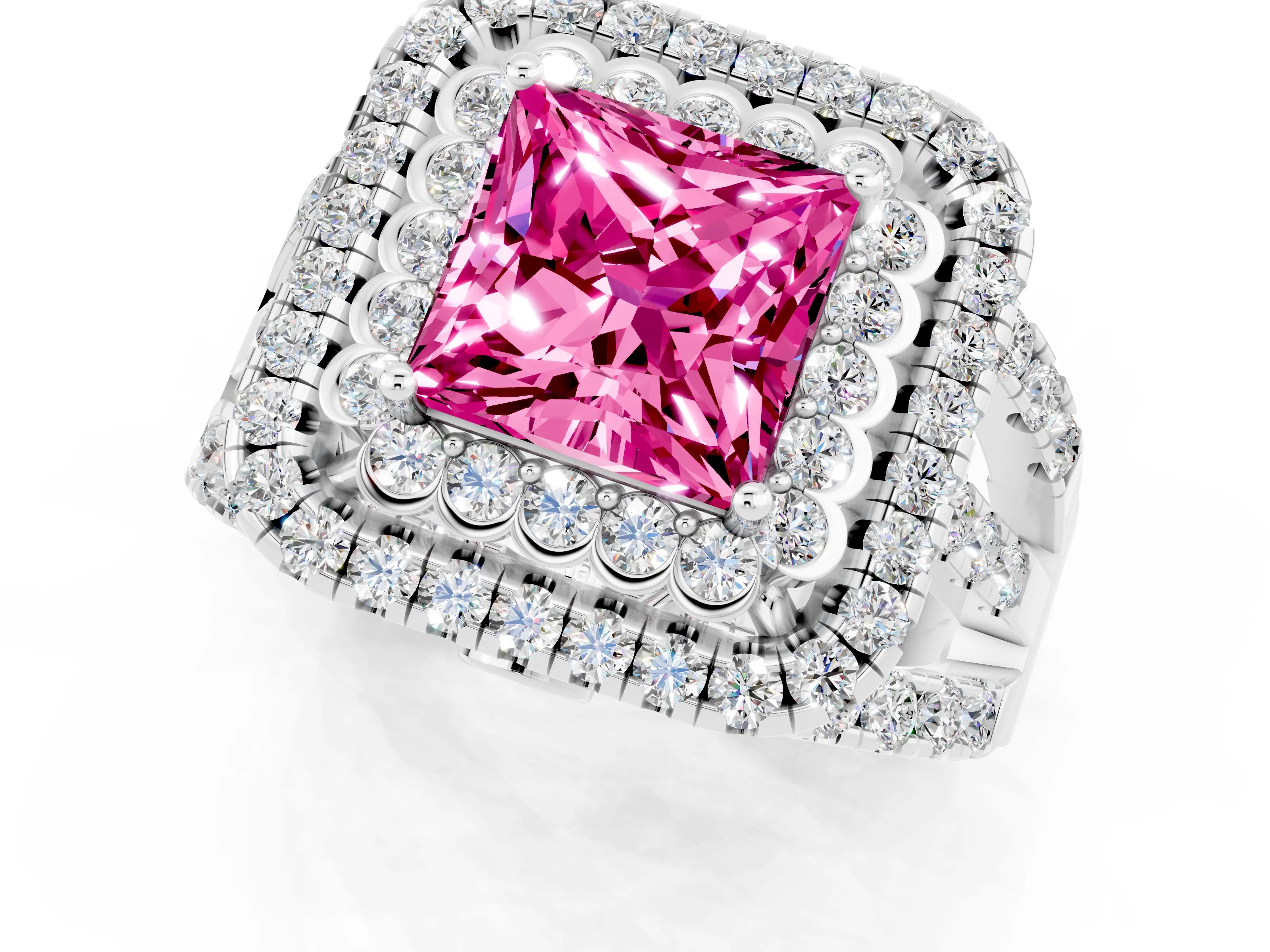 White gold Double Halo Princess Cut Diamond Split Shank Pave Set Ring_1