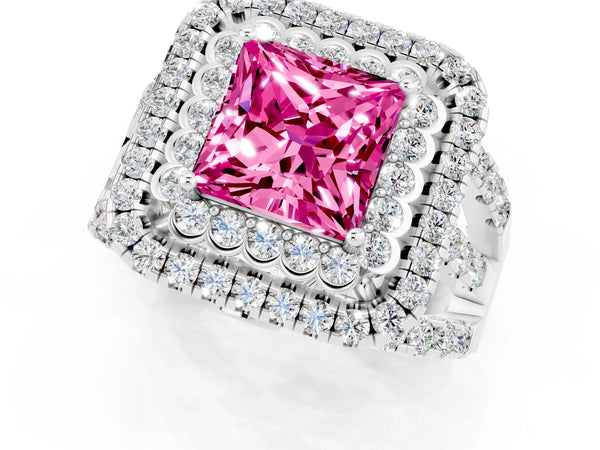 Silver Double Halo Princess Cut Diamond Split Shank Pave Set Ring