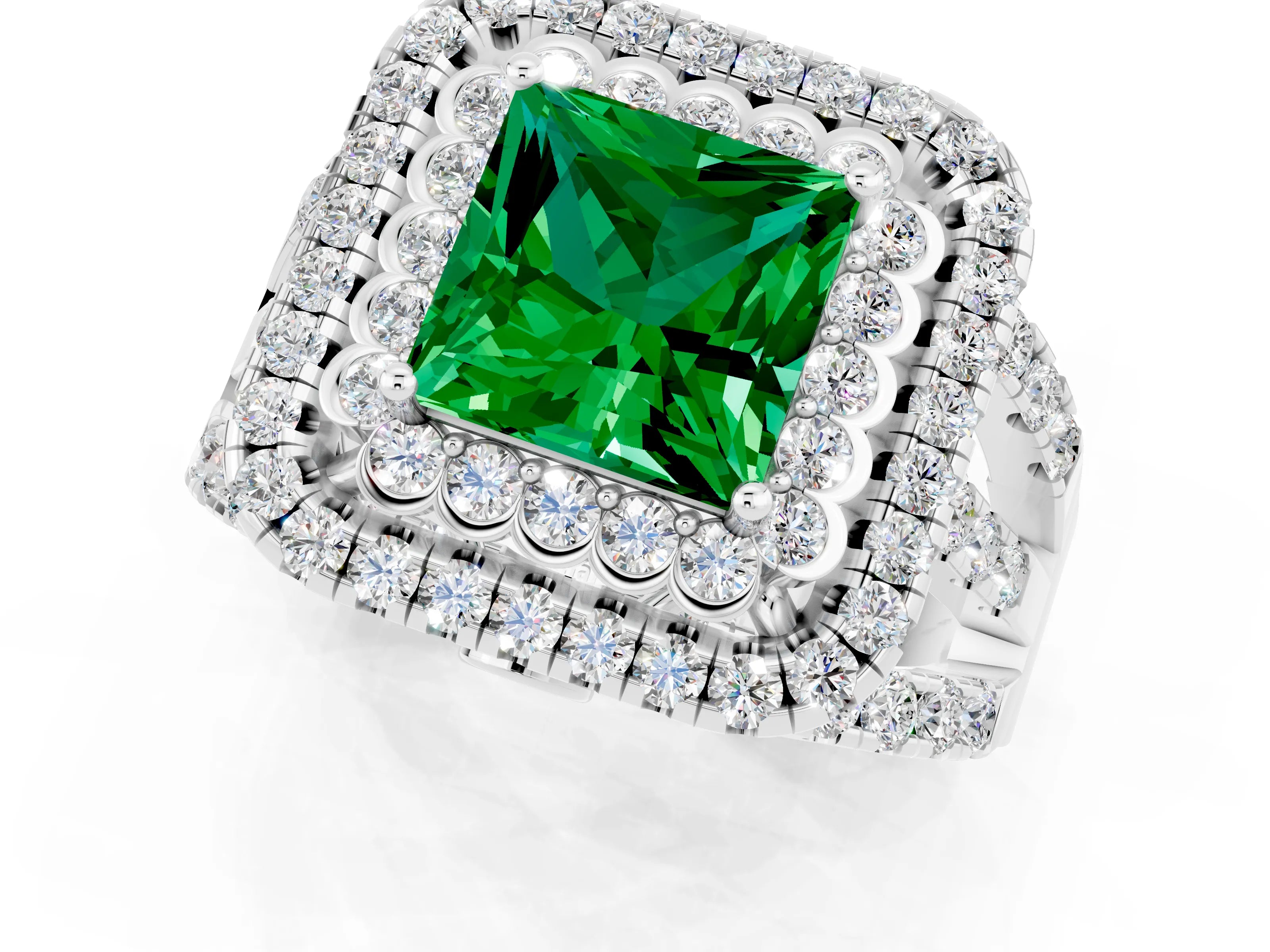 White gold Double Halo Princess Cut Diamond Split Shank Pave Set Ring_1