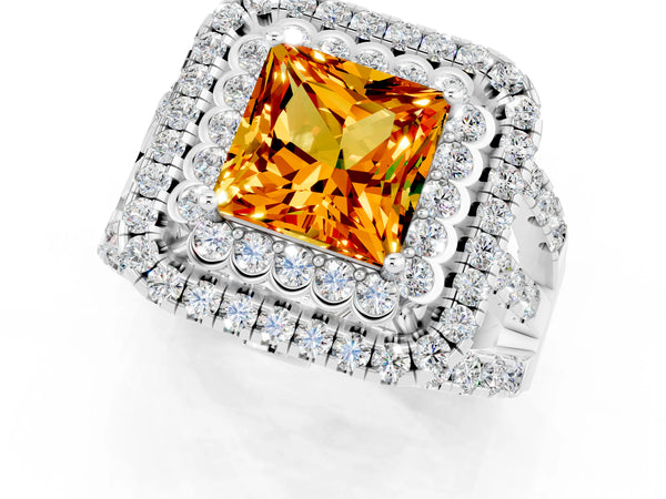 White gold Princess Cut Citrine Double Halo Ring with Round Pavé Split Shank and Prong Setting