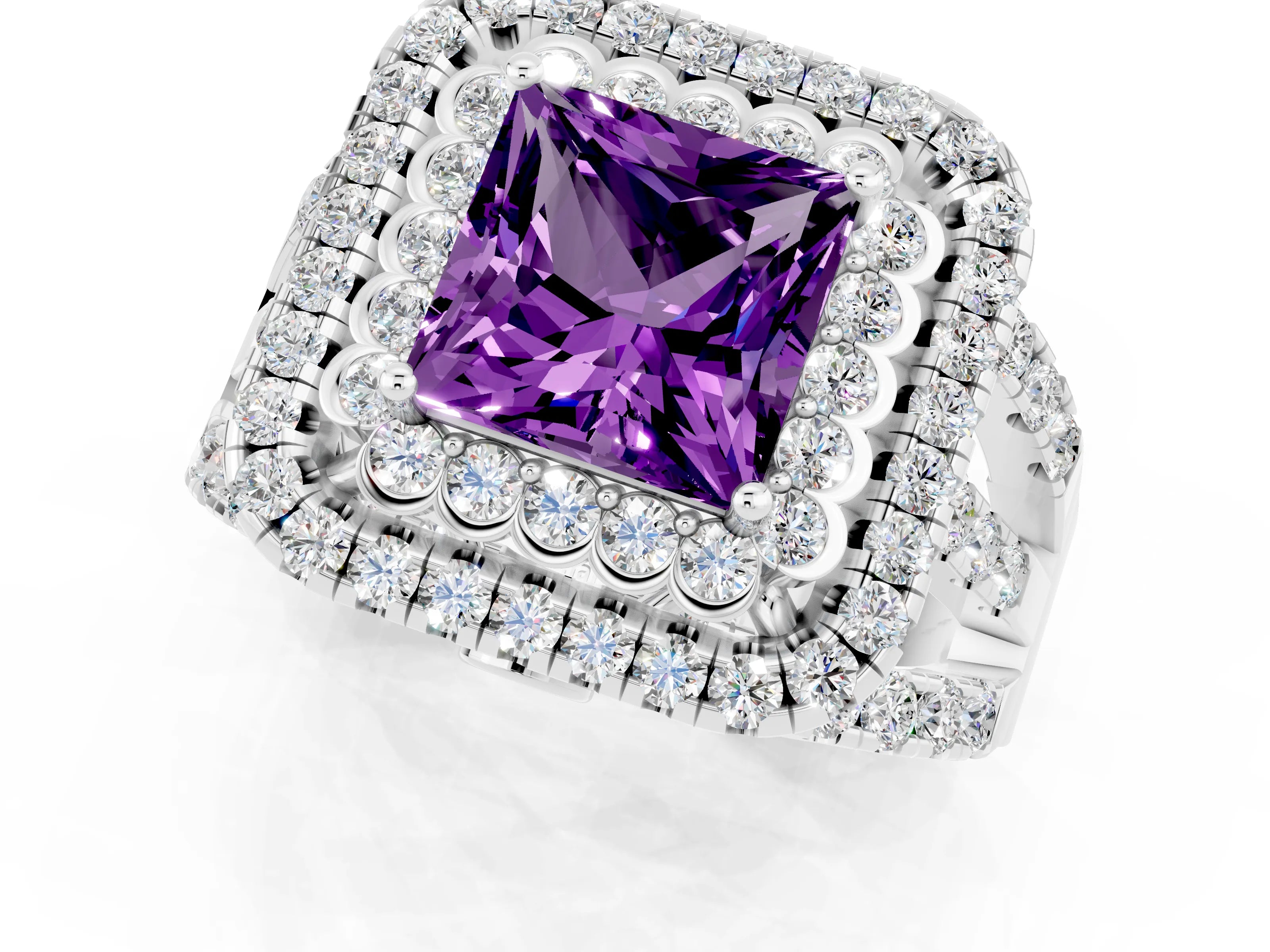 White gold Double Halo Princess Cut Diamond Split Shank Pave Set Ring_1
