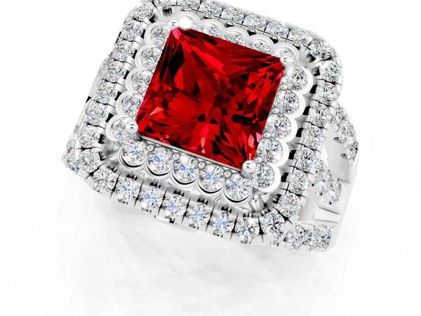 Silver Double Halo Princess Cut Diamond Split Shank Pave Set Ring