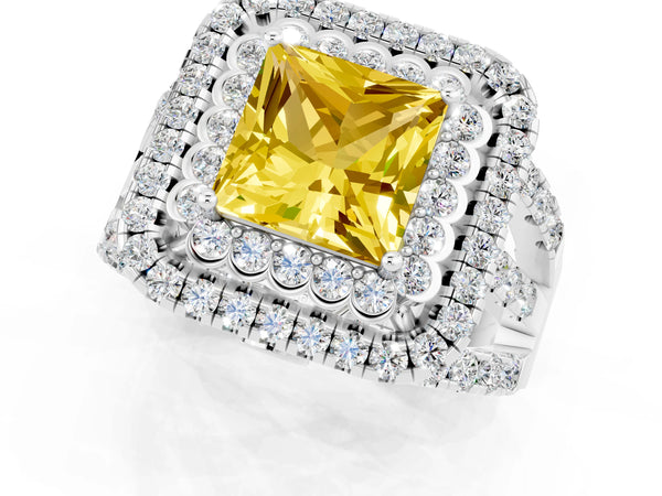 Platinum Princess Cut Yellow Sapphire Double Halo Ring with Round Pavé Split Shank and Prong Setting
