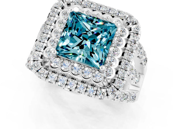 Platinum Double Halo Princess Cut Diamond Split Shank Pave Set Ring