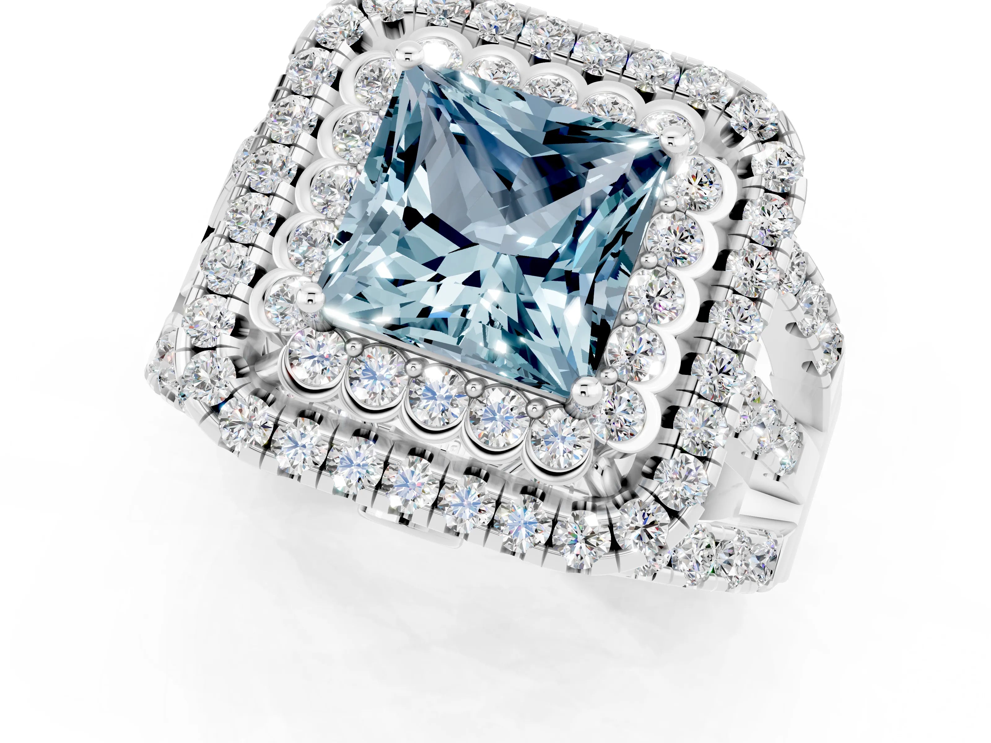 White gold Double Halo Princess Cut Diamond Split Shank Pave Set Ring_1