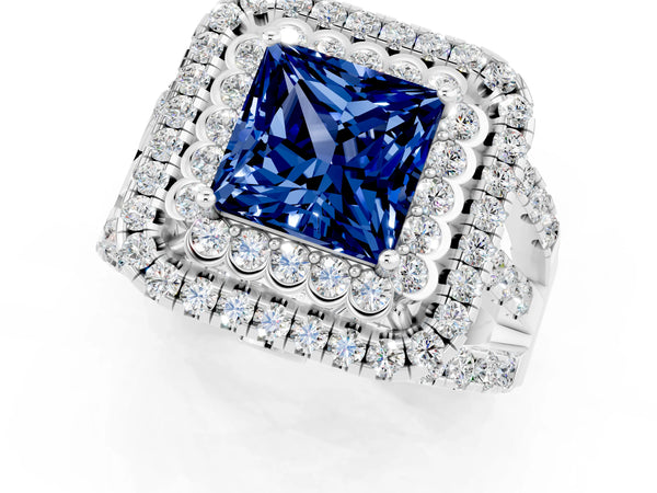 Silver Princess Cut Blue Sapphire Double Halo Ring with Round Pavé Split Shank and Prong Setting