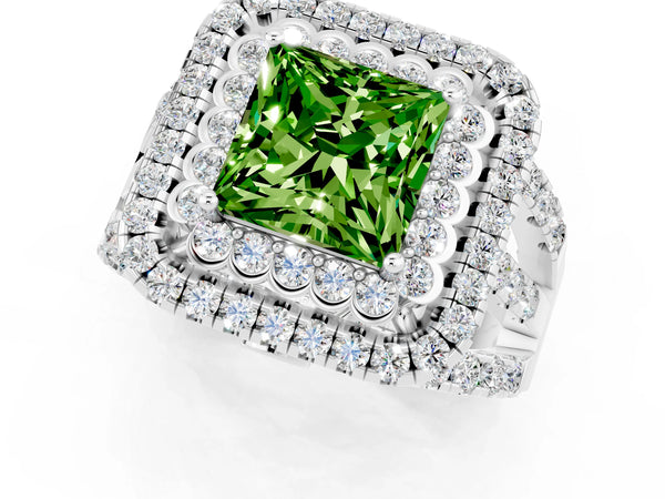 White gold Double Halo Princess Cut Diamond Split Shank Pave Set Ring