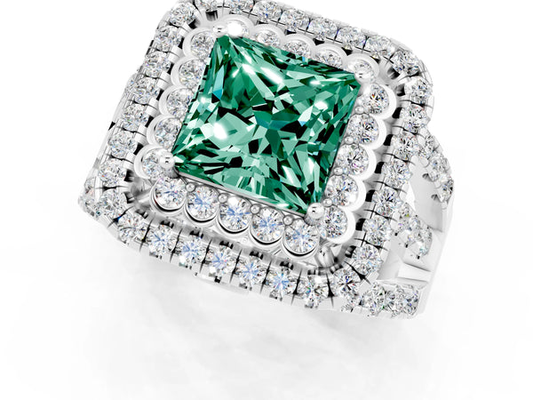 Silver Princess Cut Green Sapphire Double Halo Ring with Round Pavé Split Shank and Prong Setting