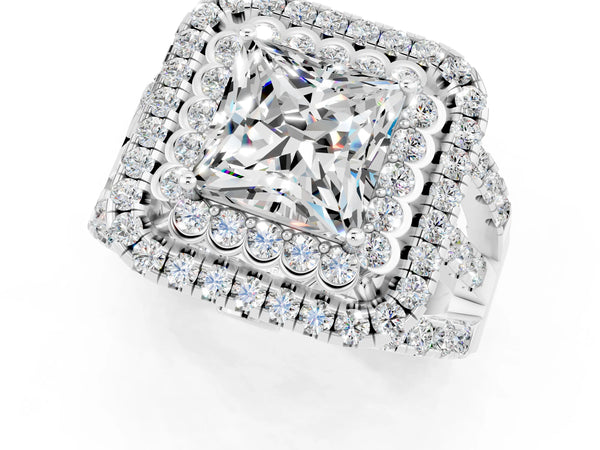 White gold Princess Cut Moissanite Double Halo Ring with Round Pavé Split Shank and Prong Setting