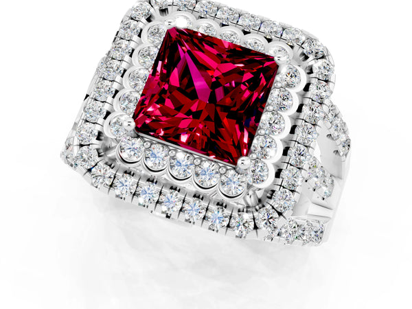 White gold Princess Cut Garnet Double Halo Ring with Round Pavé Split Shank and Prong Setting