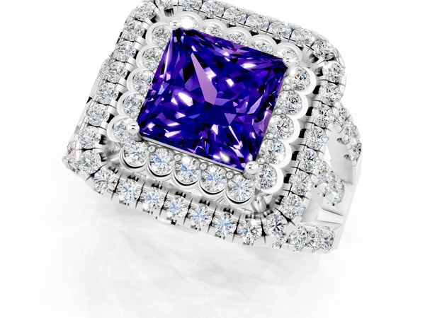White gold Princess Cut Tanzanite Double Halo Ring with Round Pavé Split Shank and Prong Setting