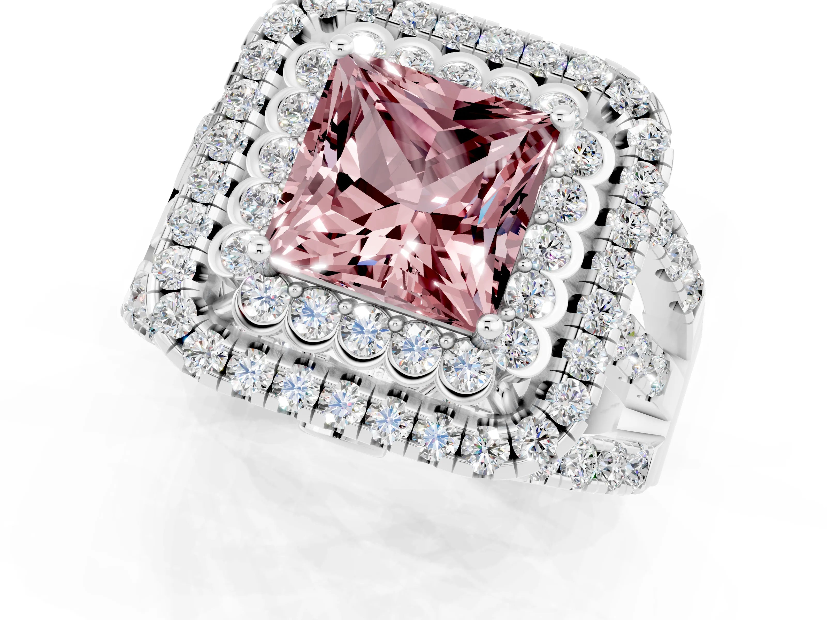 White gold Double Halo Princess Cut Diamond Split Shank Pave Set Ring_1