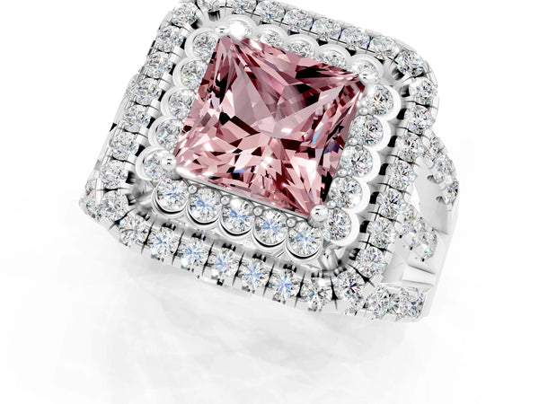 Silver Double Halo Princess Cut Diamond Split Shank Pave Set Ring