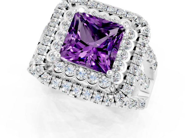 White gold Princess Cut Amethyst Double Halo Ring with Round Pavé Split Shank and Prong Setting