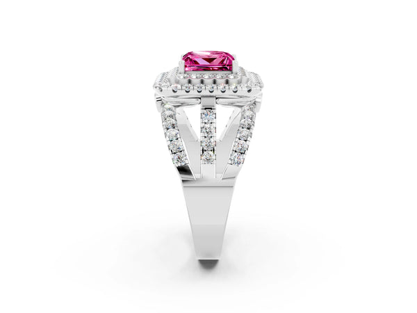 Platinum Double Halo Princess Cut Diamond Split Shank Pave Set Ring