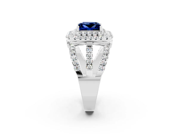 Silver Princess Cut Blue Sapphire Double Halo Ring with Round Pavé Split Shank and Prong Setting