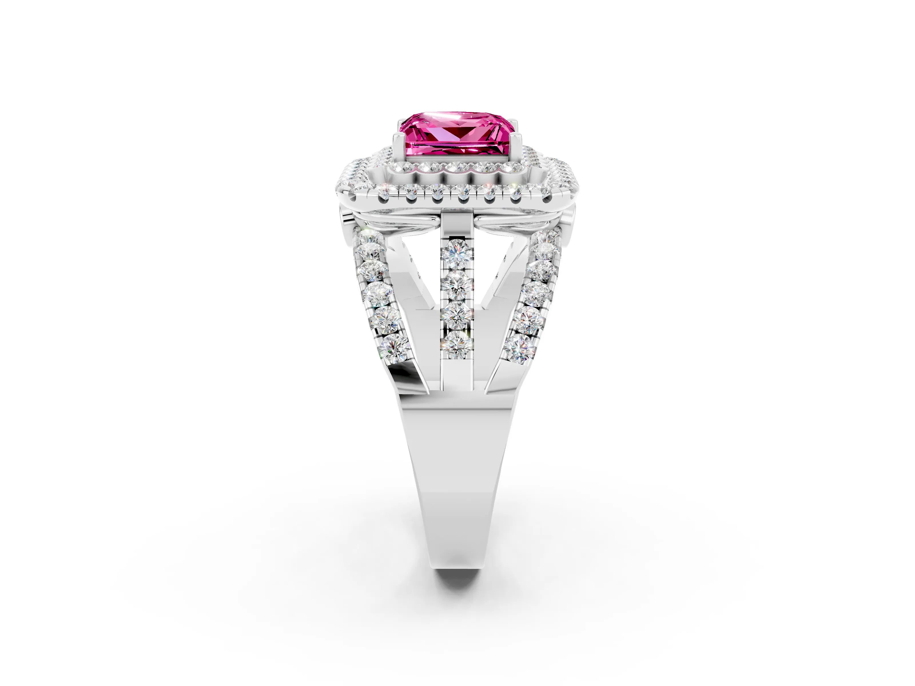 White gold Double Halo Princess Cut Diamond Split Shank Pave Set Ring_2