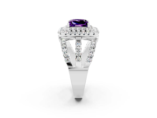 White gold Princess Cut Amethyst Double Halo Ring with Round Pavé Split Shank and Prong Setting