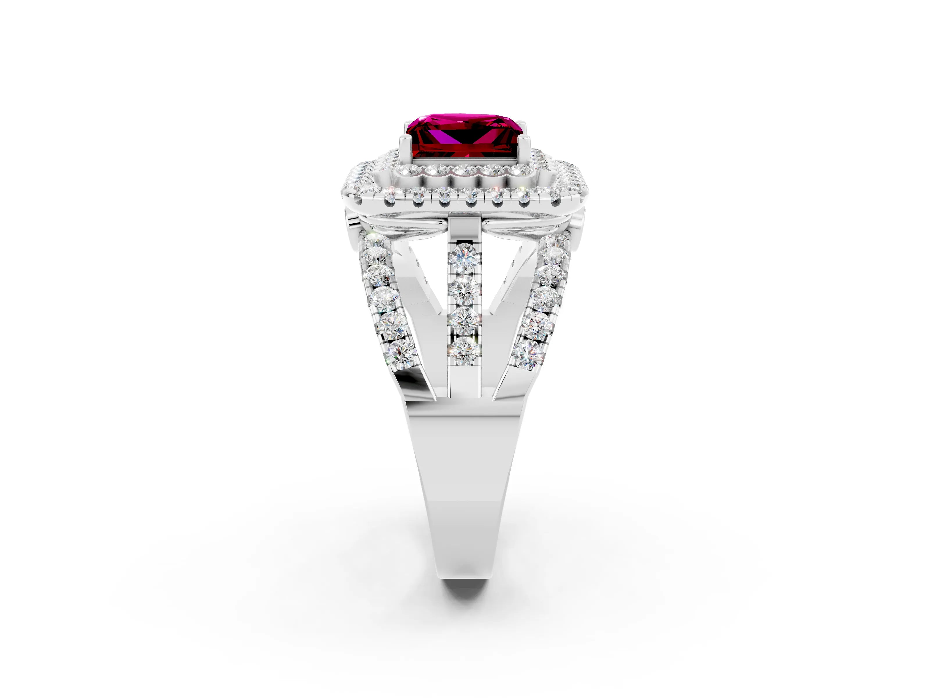 White gold Double Halo Princess Cut Diamond Split Shank Pave Set Ring_2